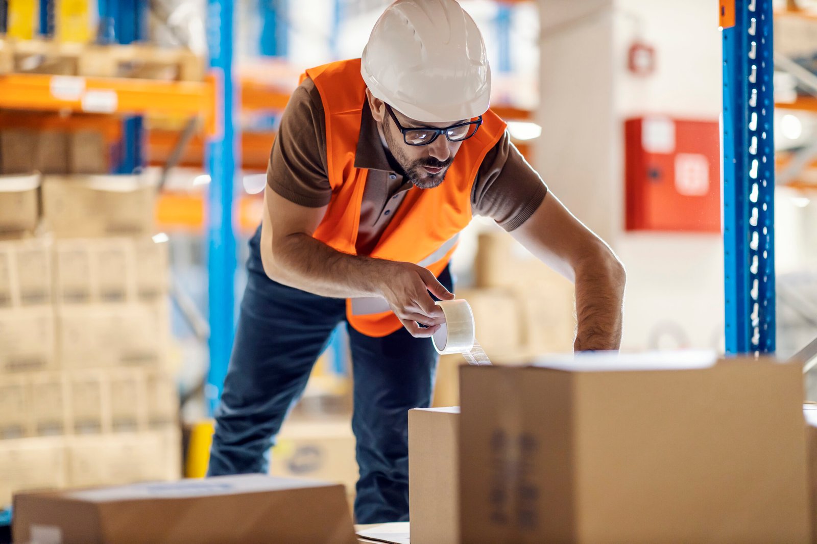 A warehouse worker sealing up box with duct tape with order.