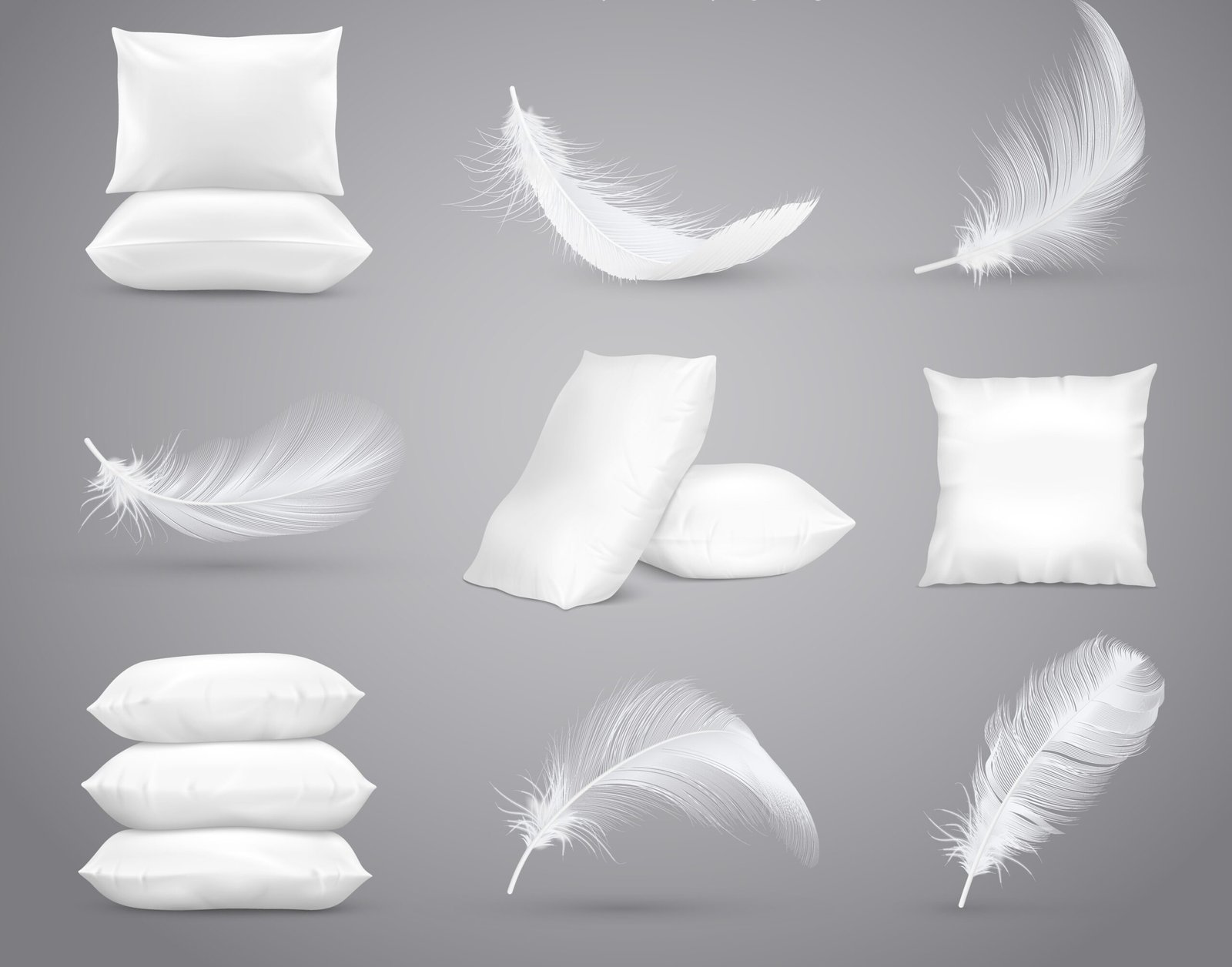 Fluffy feathers and white pillows isolated set in realistic style monochrome vector illustration