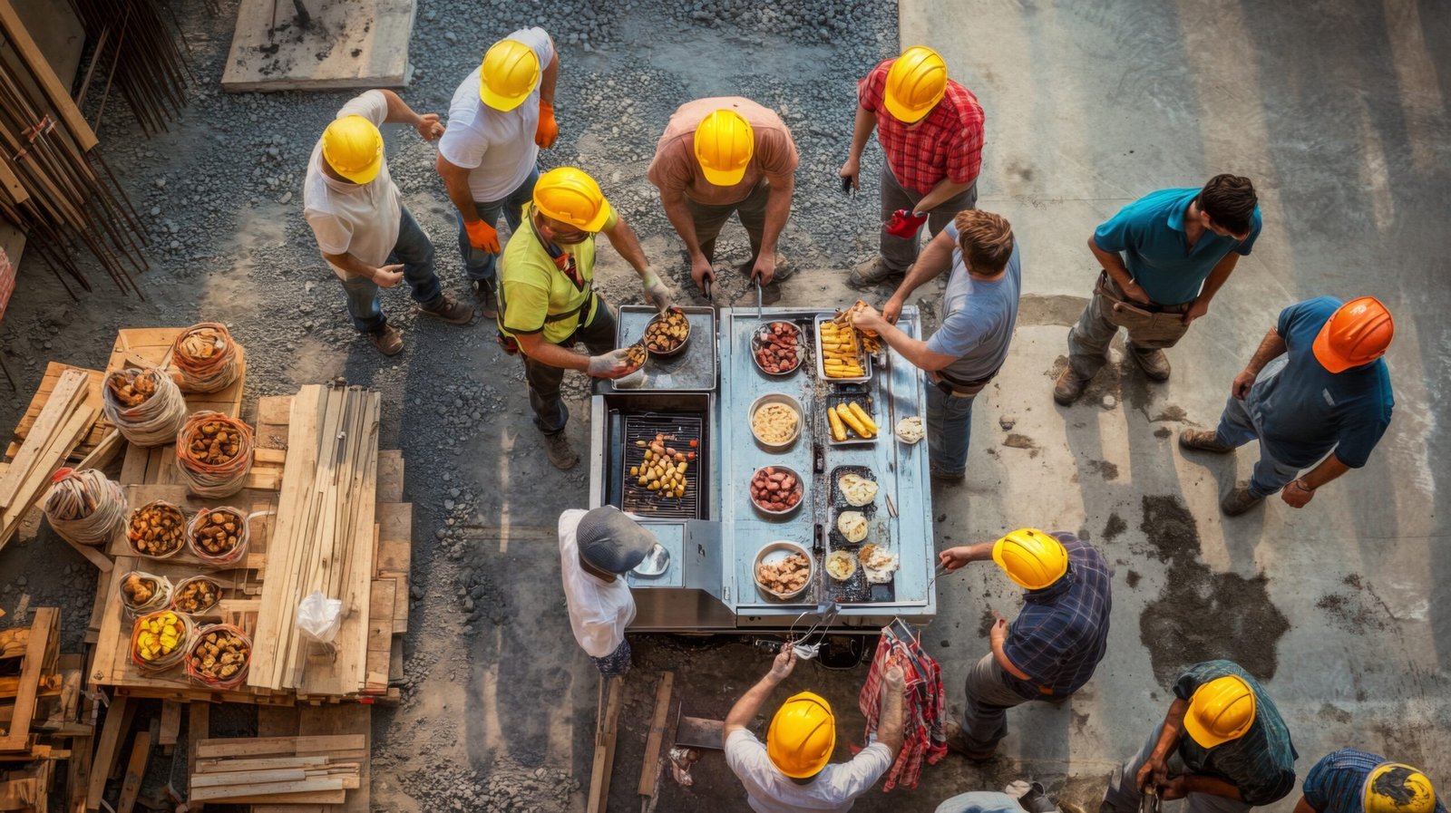 Construction Workers Enjoying Lunch Break with Barbecue and Grilling